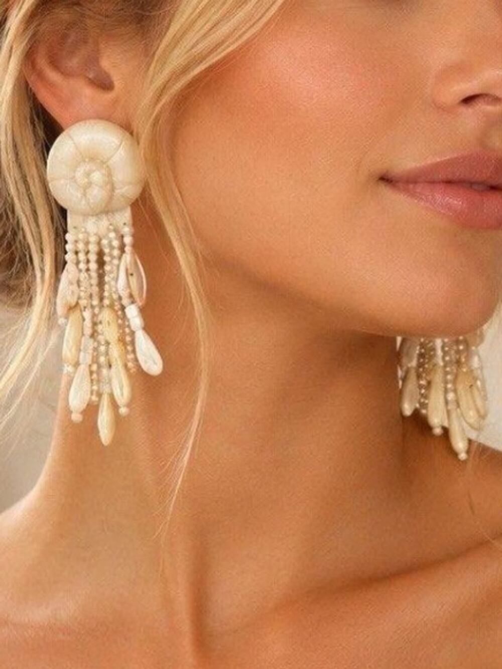 Tuckernuck Pearl Shelly Spiral Beach Dangle Fringe Earrings White NEW